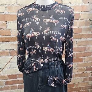 Avery Black Equestrian Print Long Sleeve Top